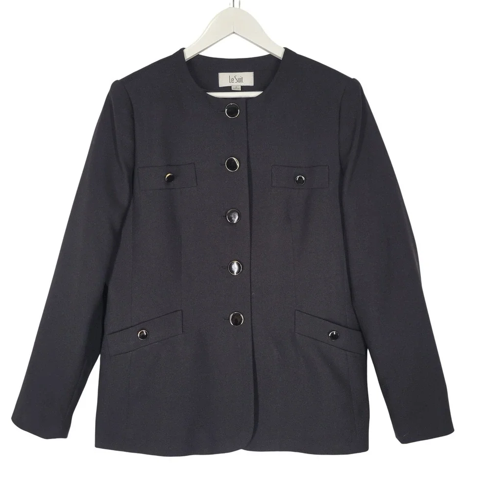 Le Suit Black Collarless Button Front Blazer Jacket Size 12 Office‎ Minimal